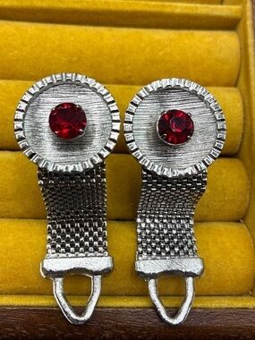 Vintage Silver Tone Mesh Cufflinks Red Rhinestone Wrap Around Formal